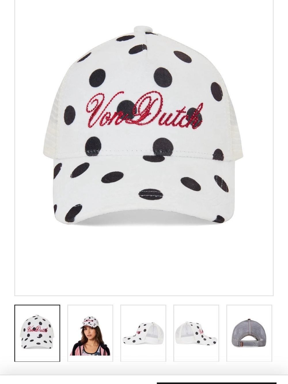 Von Dutch White Polka Dot Mesh Trucker Hat with Red Logo